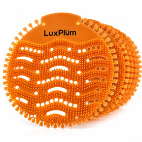 LuxPlum urinal screens with orange scent for high-traffic restrooms.