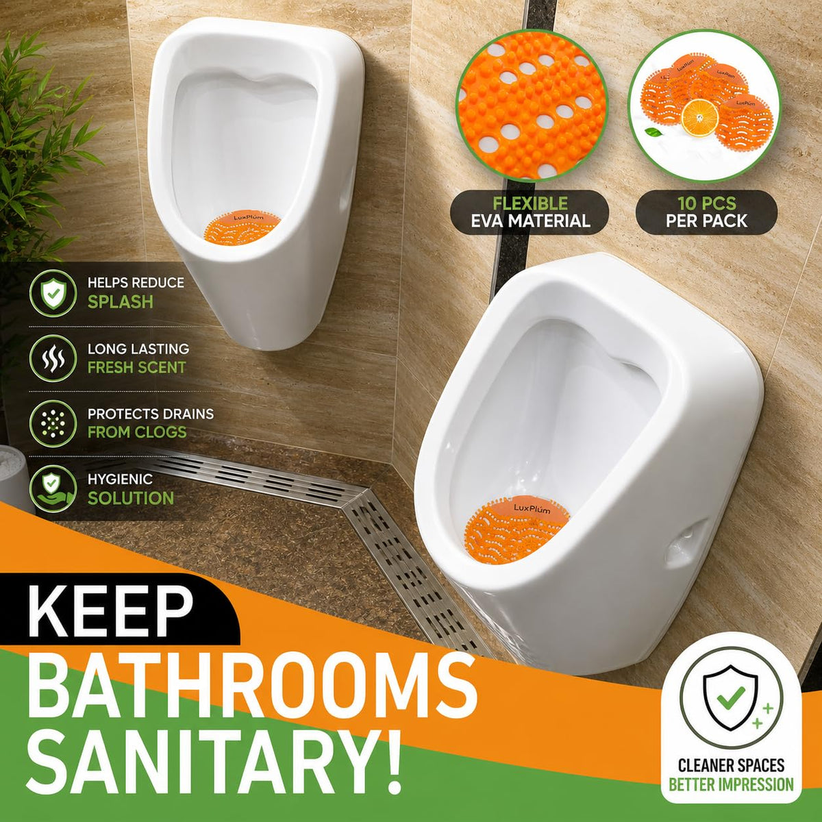 LuxPlum urinal screens fit wet and dry urinals for versatility.