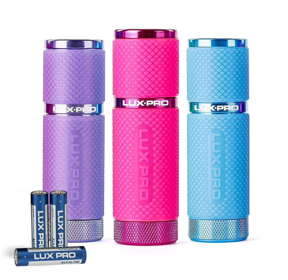 LUXPRO LP395 pink glow mini flashlight with rubber grip for easy night use