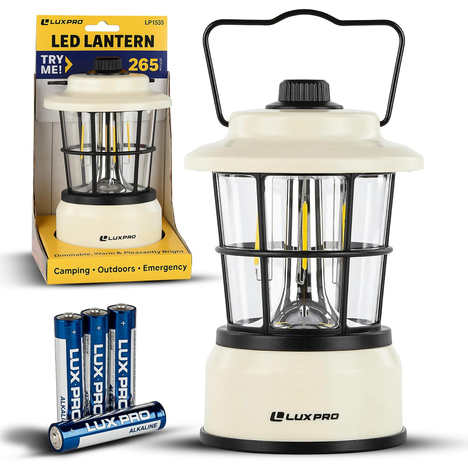 LUXPRO Retro LED Lantern beige packaging ready for emergency outdoor lighting