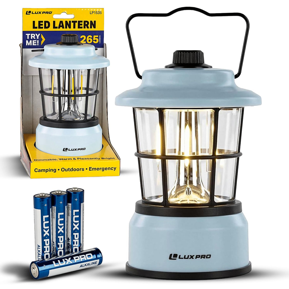 Luxpro Retro LED Lantern blue front view for reliable outdoor lighting.