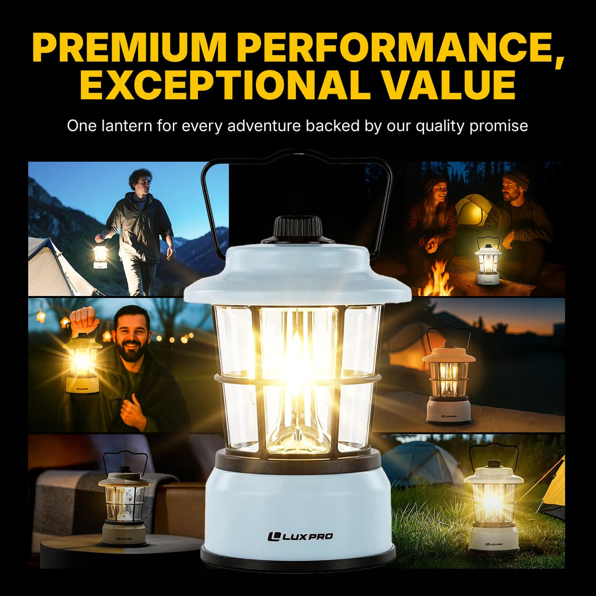 Luxpro Retro LED Lantern blue packaging emphasizes portability for travels.