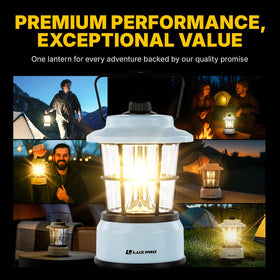 Luxpro Retro LED Lantern blue packaging emphasizes portability for travels.