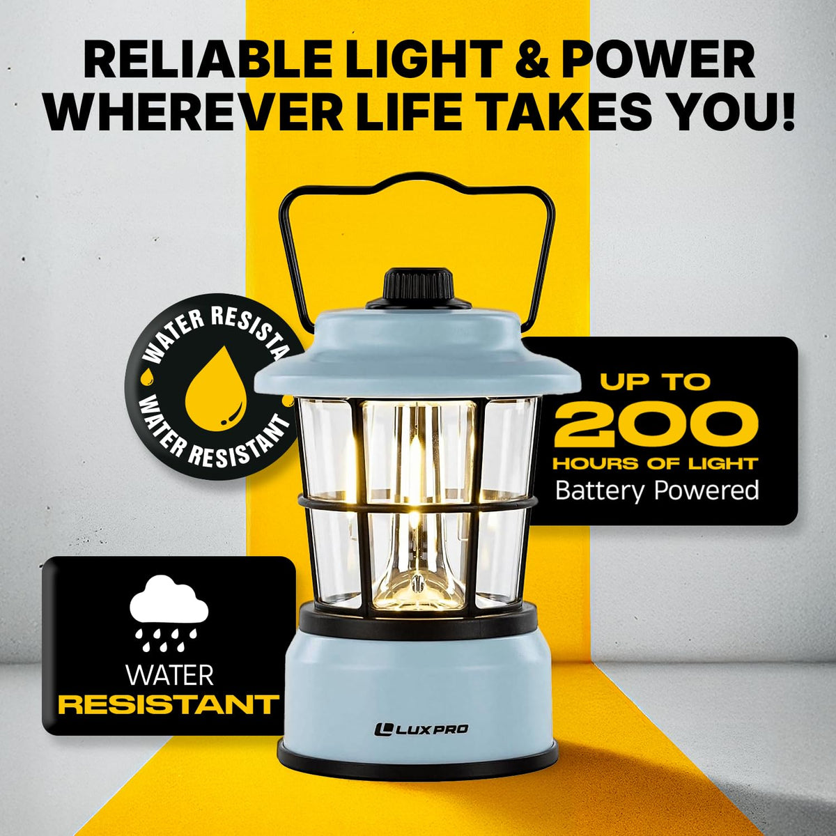 Luxpro Retro LED Lantern blue side view showcases compact design for easy transport.