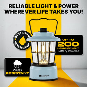 Luxpro Retro LED Lantern blue side view showcases compact design for easy transport.