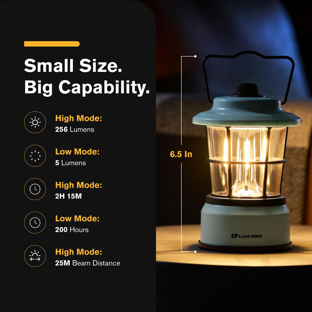 Luxpro Retro LED Lantern in use near a tent at dusk for camping readiness.