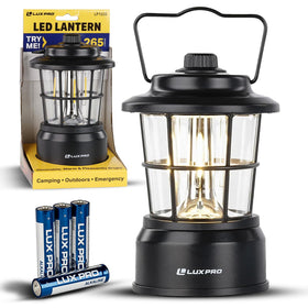 Luxpro Retro LED Lantern front view delivers reliable warm light for camping and power outages.