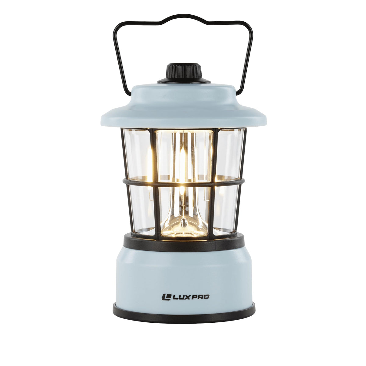 Luxpro Retro LED Lantern with hanging handle for overhead camping lighting.
