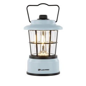 Luxpro Retro LED Lantern with hanging handle for overhead camping lighting.