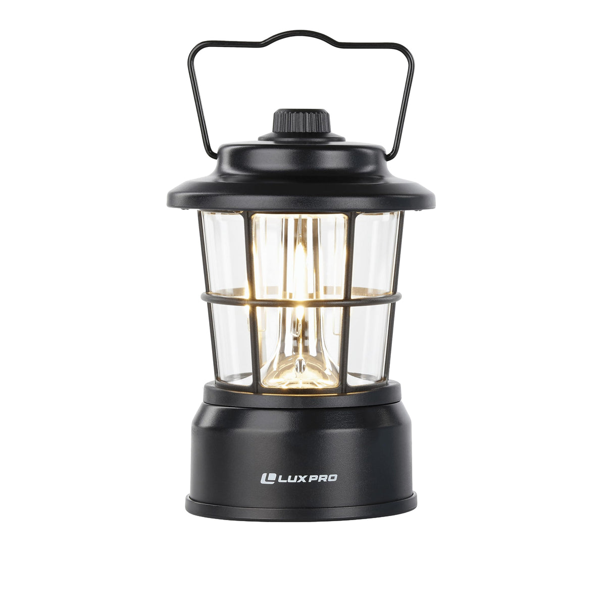 Luxpro Retro LED Lantern lit in tent demonstrates warm ambient glow for rest.