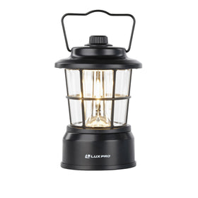 Luxpro Retro LED Lantern lit in tent demonstrates warm ambient glow for rest.