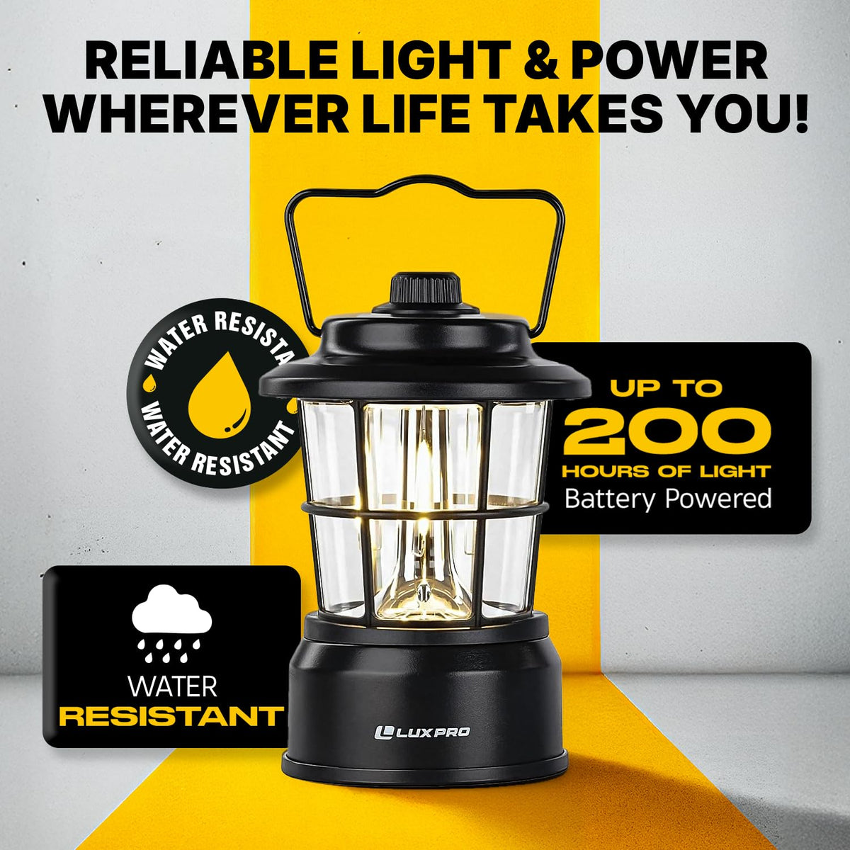 Luxpro Retro LED Lantern side-view shows compact, portable design for tents and trails.