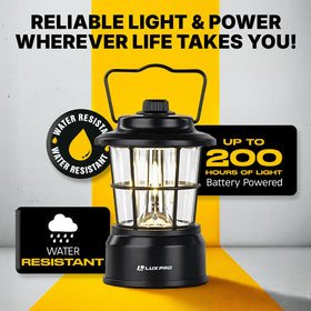 Luxpro Retro LED Lantern side-view shows compact, portable design for tents and trails.