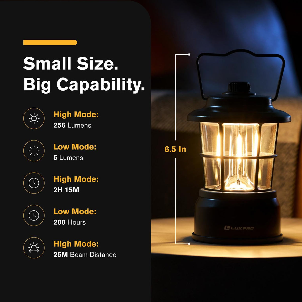 Luxpro Retro LED Lantern top-controls highlight easy setup and quick mode selection.