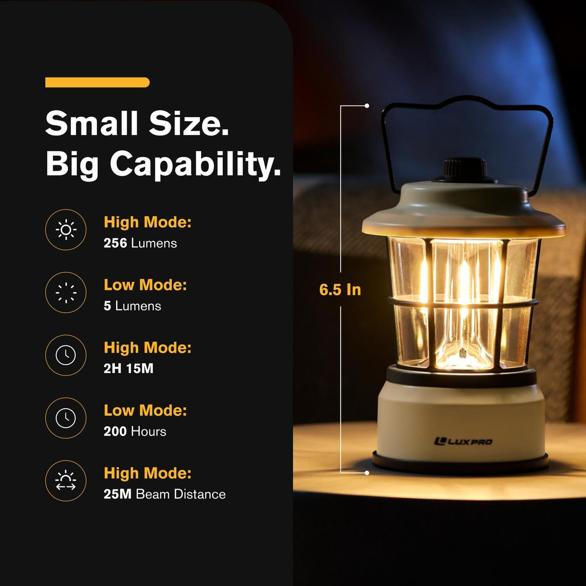 LUXPRO Retro LED Lantern glows warm in low mode for comfortable night lighting