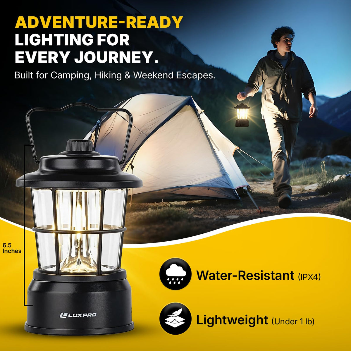 Luxpro Retro LED Lantern water-resistant body withstands damp outdoor conditions.
