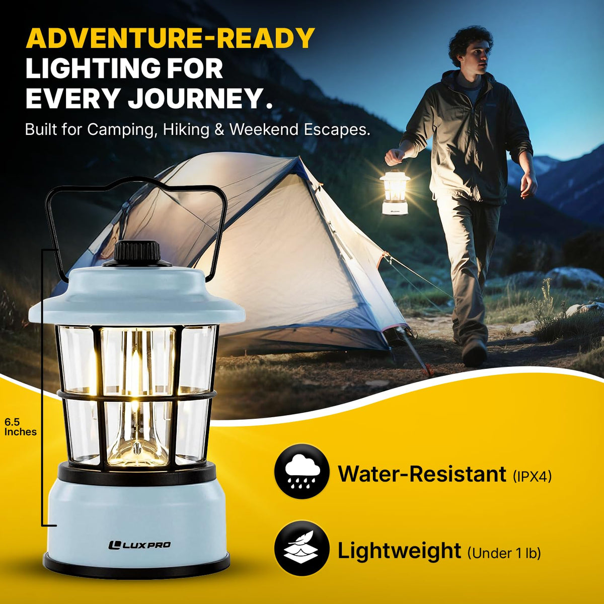 Luxpro Retro LED Lantern water-resistant casing shown in rain for reliable performance.