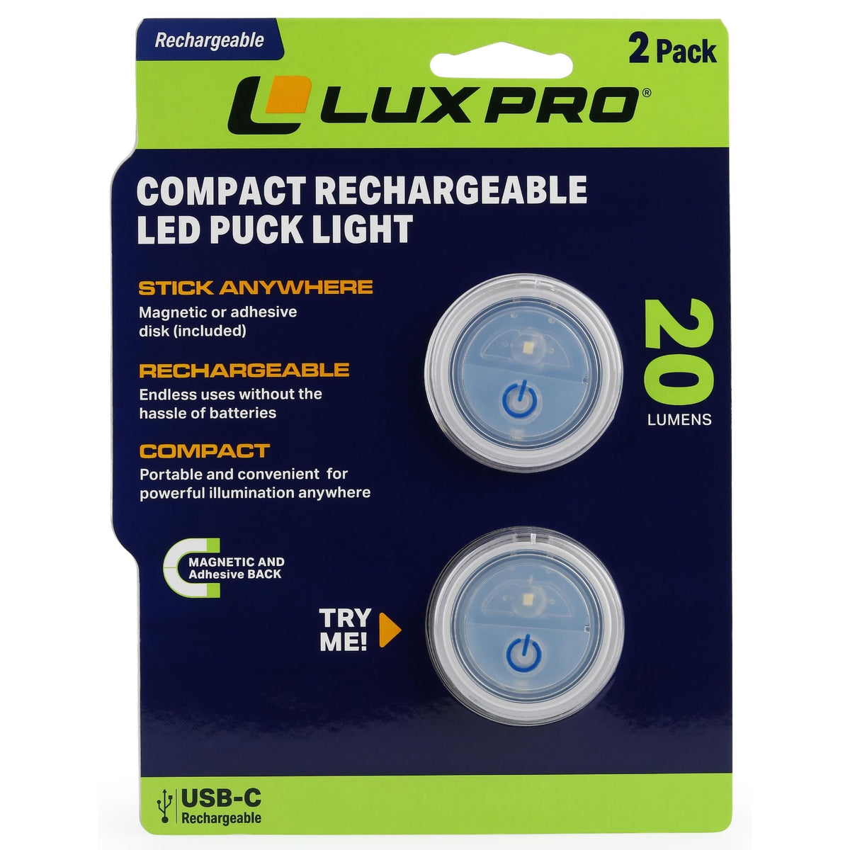 LuxPro two-pack puck lights offer versatile cabinet and shelf lighting.