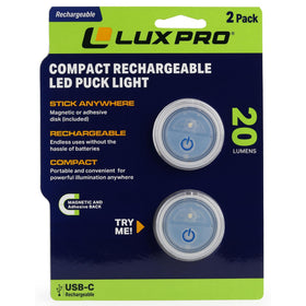 LuxPro two-pack puck lights offer versatile cabinet and shelf lighting.