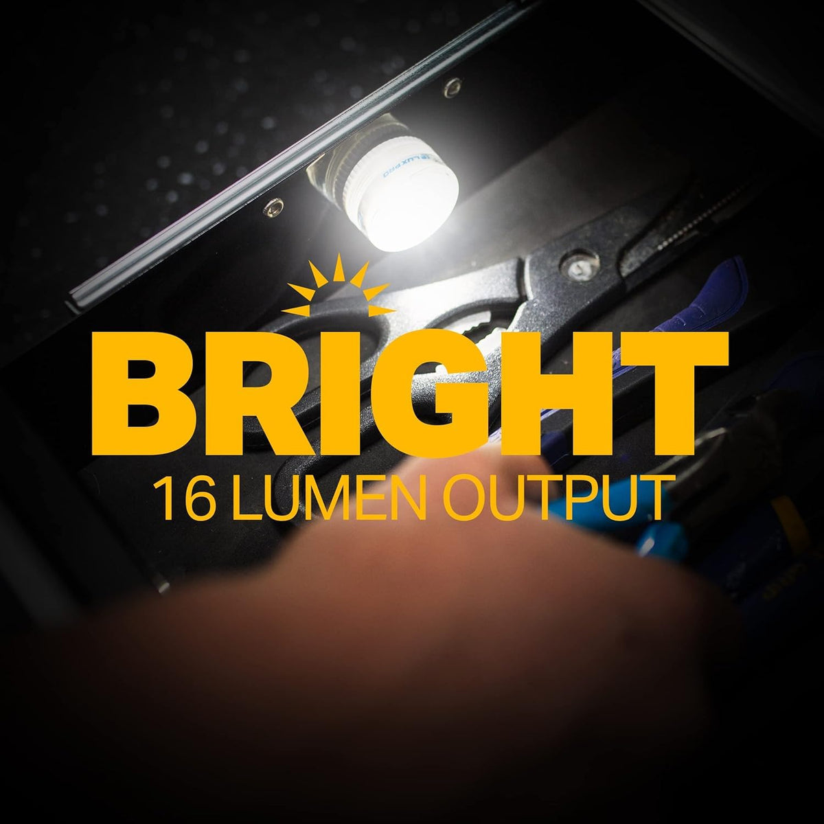 LuxPro waterproof micro LED puck light in tackle box keeps gear visible, no cords.