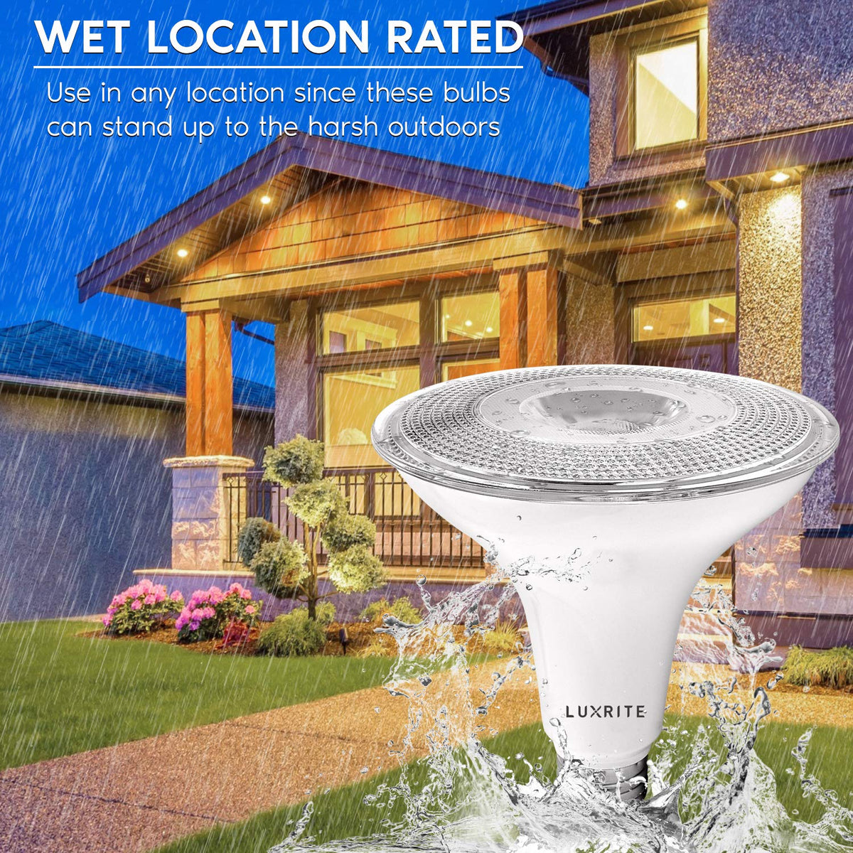 Luxrite 120W equivalent PAR38 LED delivers energy-efficient, dimmable spotlight.