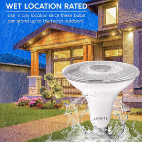 Luxrite 120W equivalent PAR38 LED delivers energy-efficient, dimmable spotlight.