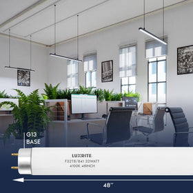 Luxrite 48-inch T8 fluorescent bulb installed in a typical fixture setup.
