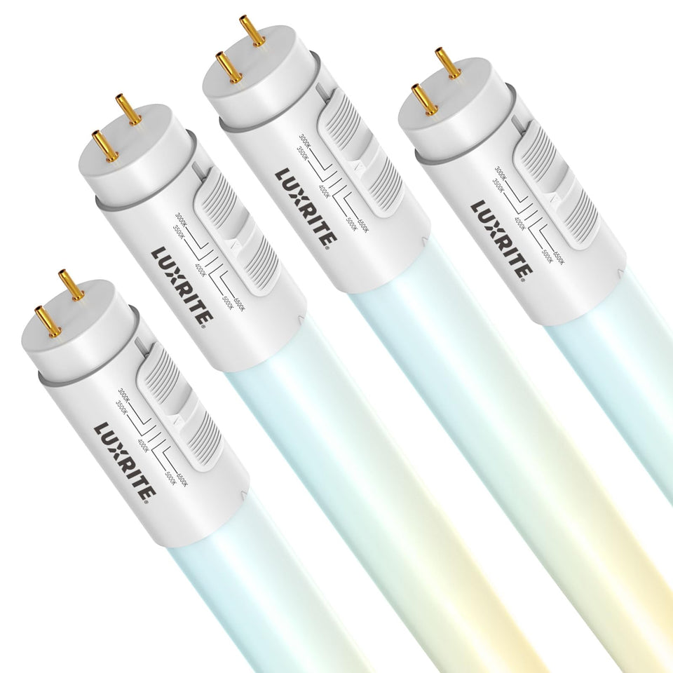 LUXRITE 4ft LED T8 tube with adjustable wattage for versatile lighting.
