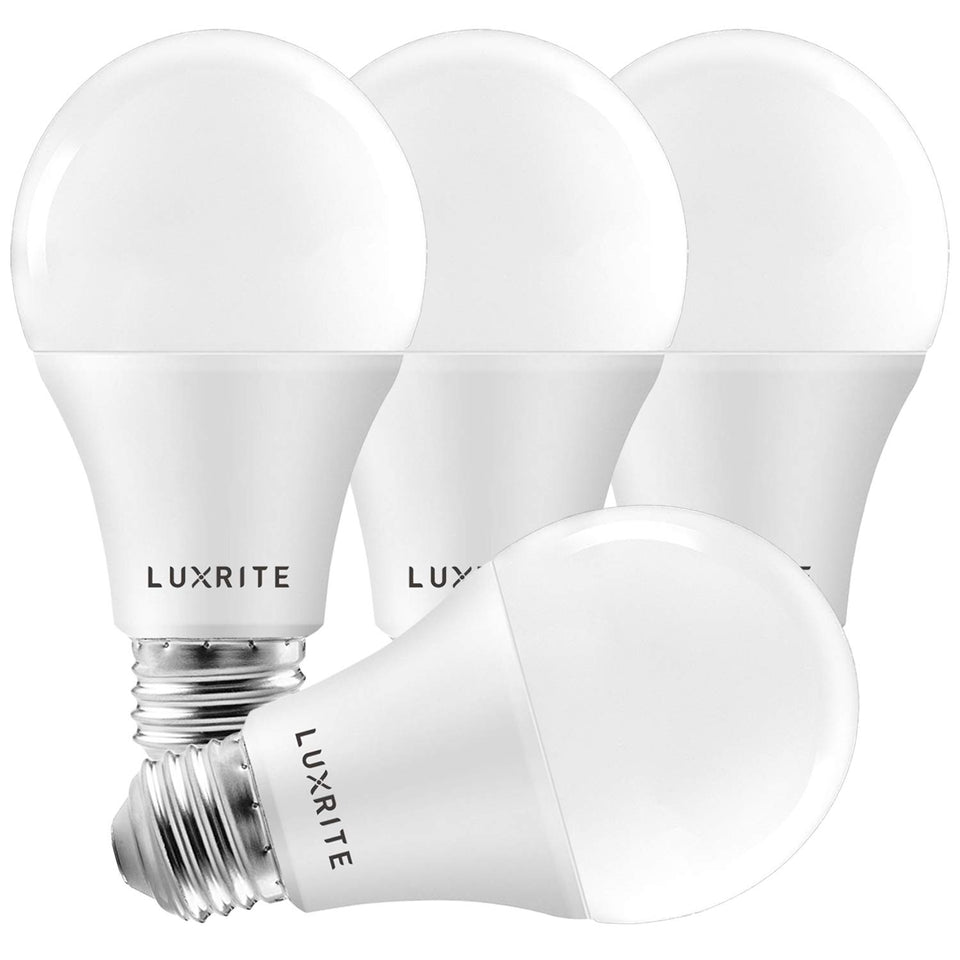 LUXRITE A19 LED bulb 100W-equivalent in living room for bright, energy-efficient illumination.
