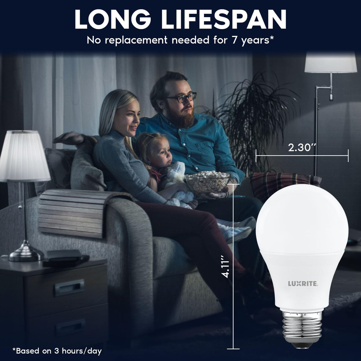 LUXRITE A19 LED bulb with 180-degree beam for wide coverage