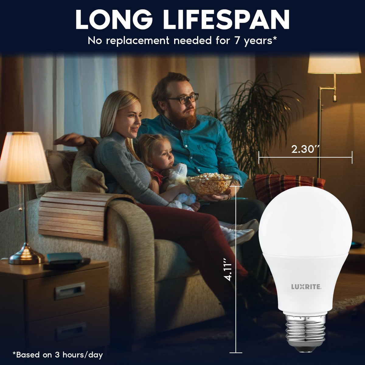 LUXRITE A19 LED bulb offers an 180-degree beam for broad illumination.