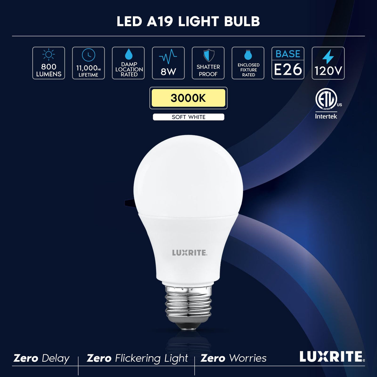 LUXRITE A19 LED bulb comes in an 8-pack for long-term lighting savings.