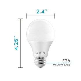 LUXRITE A19 LED bulb rated for enclosed fixtures and damp locations.