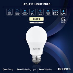 LUXRITE A19 LED bulb ETL-listed with warranty