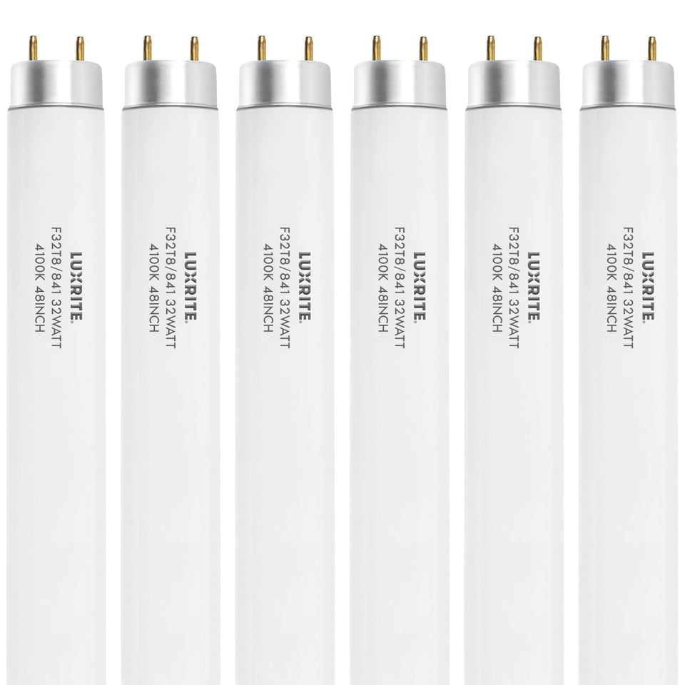 Luxrite F32T8/841 48-inch tube pack6 ready for T8 lighting in commercial spaces.