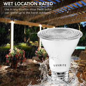 LUXRITE PAR20 LED bulb on outdoor patio showing wet-rated reliability