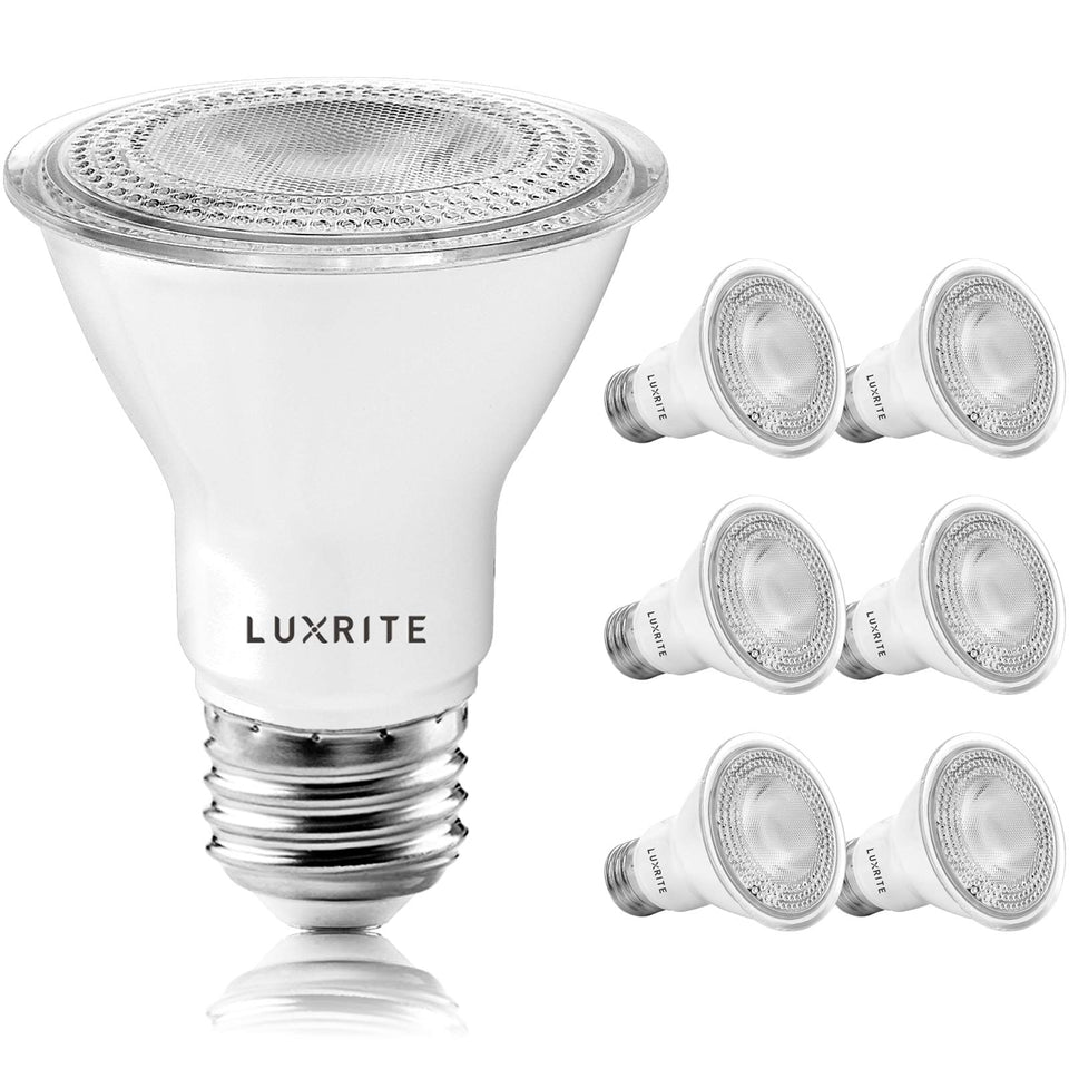 Luxrite PAR20 LED bulbs 6-pack closeup for versatile dimmable lighting.