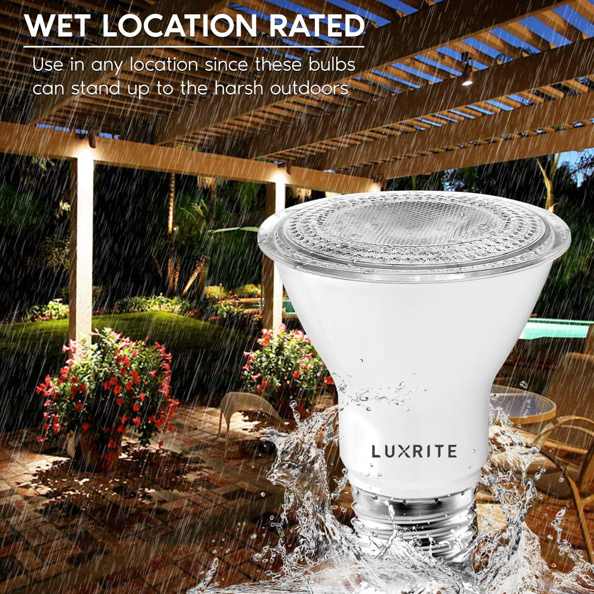LUXRITE PAR20 LED bulbs wet-rated for weather-resistant outdoor use.