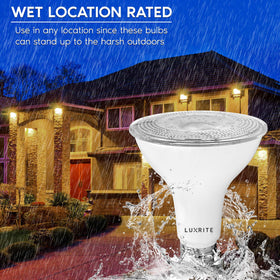 LUXRITE PAR30 flood light bulb installed in a recessed can for outdoor lighting.