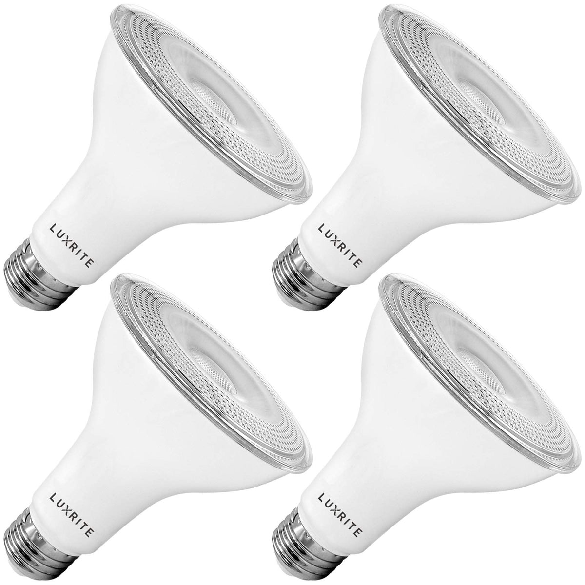 LUXRITE PAR30 flood light bulb showing 75W-equivalent brightness for indoor use.