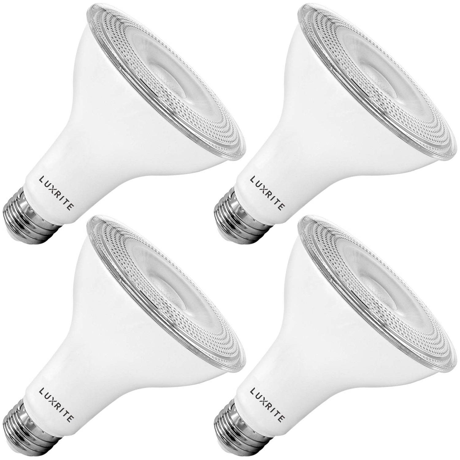 LUXRITE PAR30 flood light bulb showing 75W-equivalent brightness for indoor use.