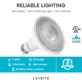 LUXRITE PAR30 flood light bulb 40-degree beam for focused spotlighting.