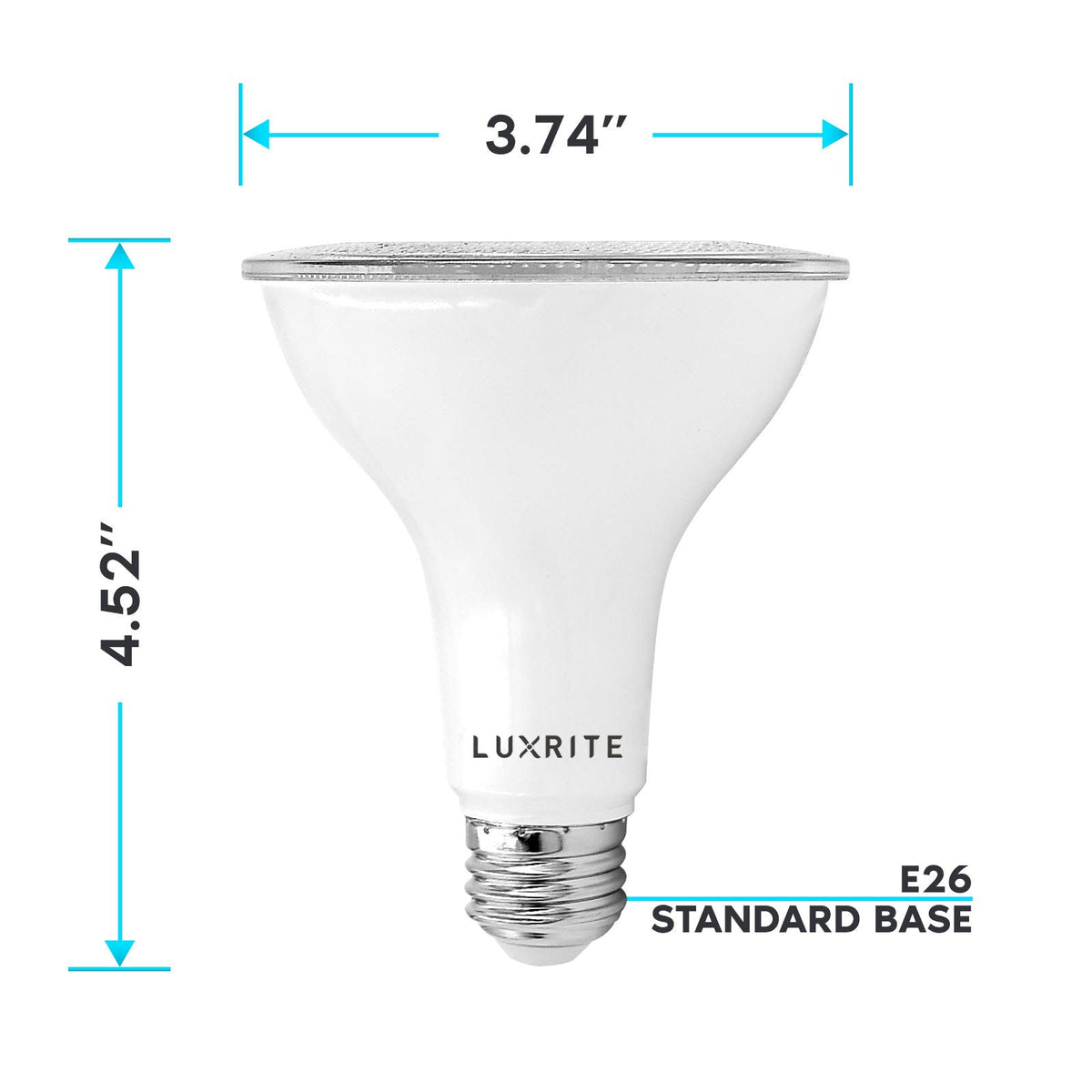 LUXRITE PAR30 flood light bulb outdoors in a wet location.