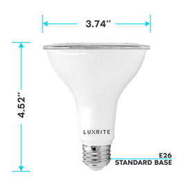 LUXRITE PAR30 flood light bulb outdoors in a wet location.