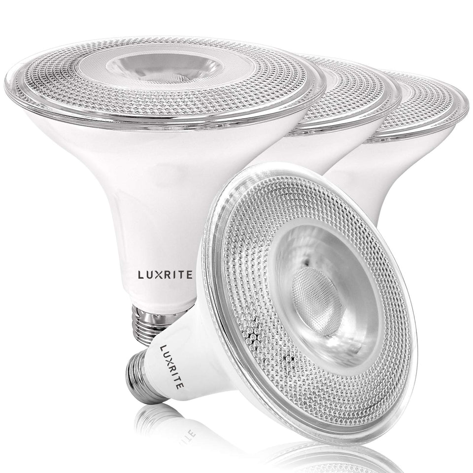 Luxrite PAR38 LED outdoor flood bulb for broad exterior lighting on patios.