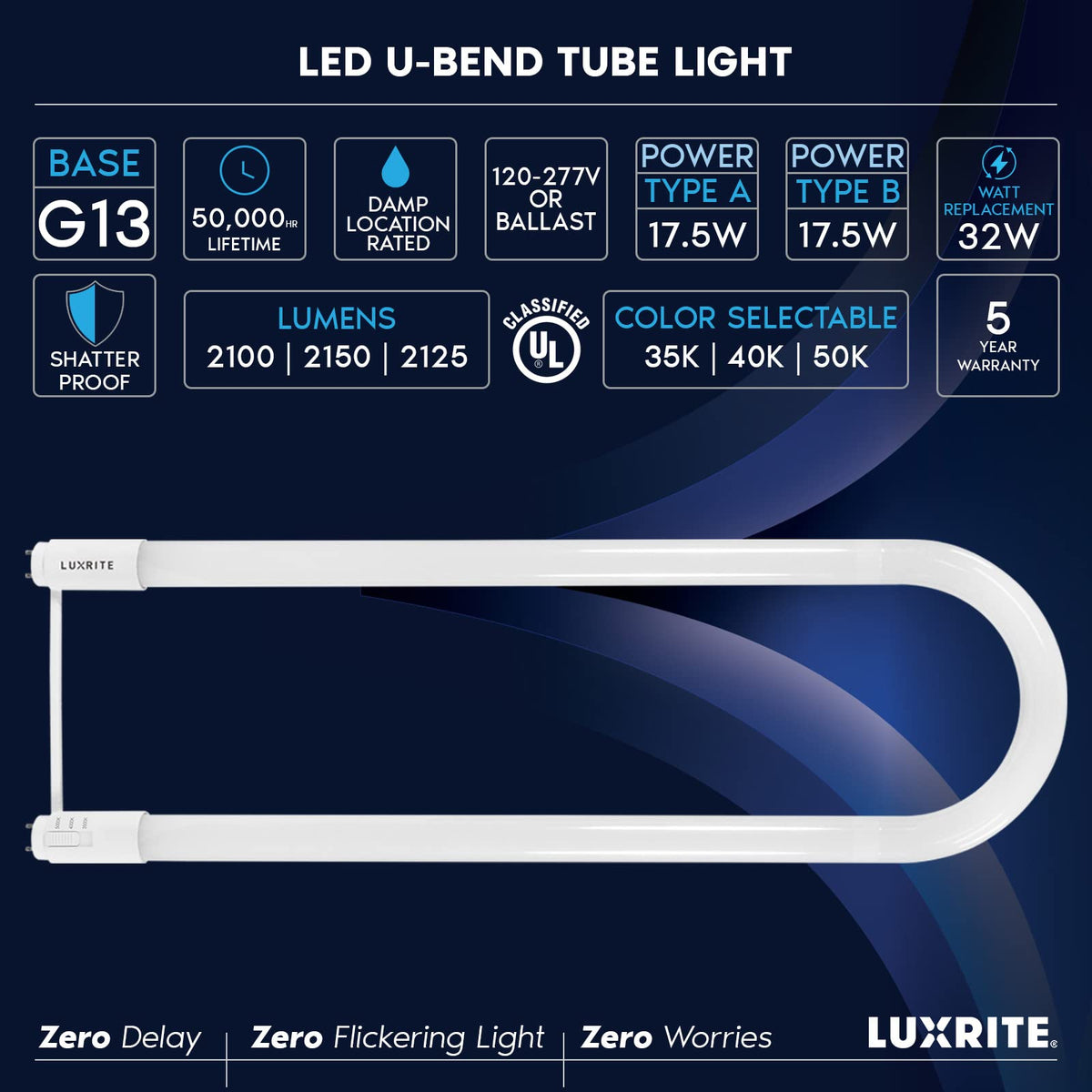 Luxrite U Bend LED tube damp location rated for reliable placement.