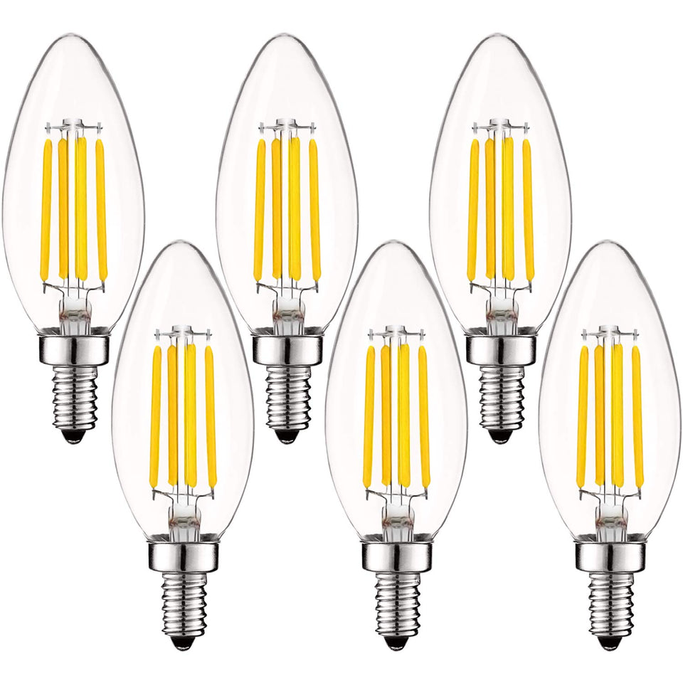 Luxrite Vintage Candelabra Bulb with clear glass filament adds warm ambiance to chandeliers.