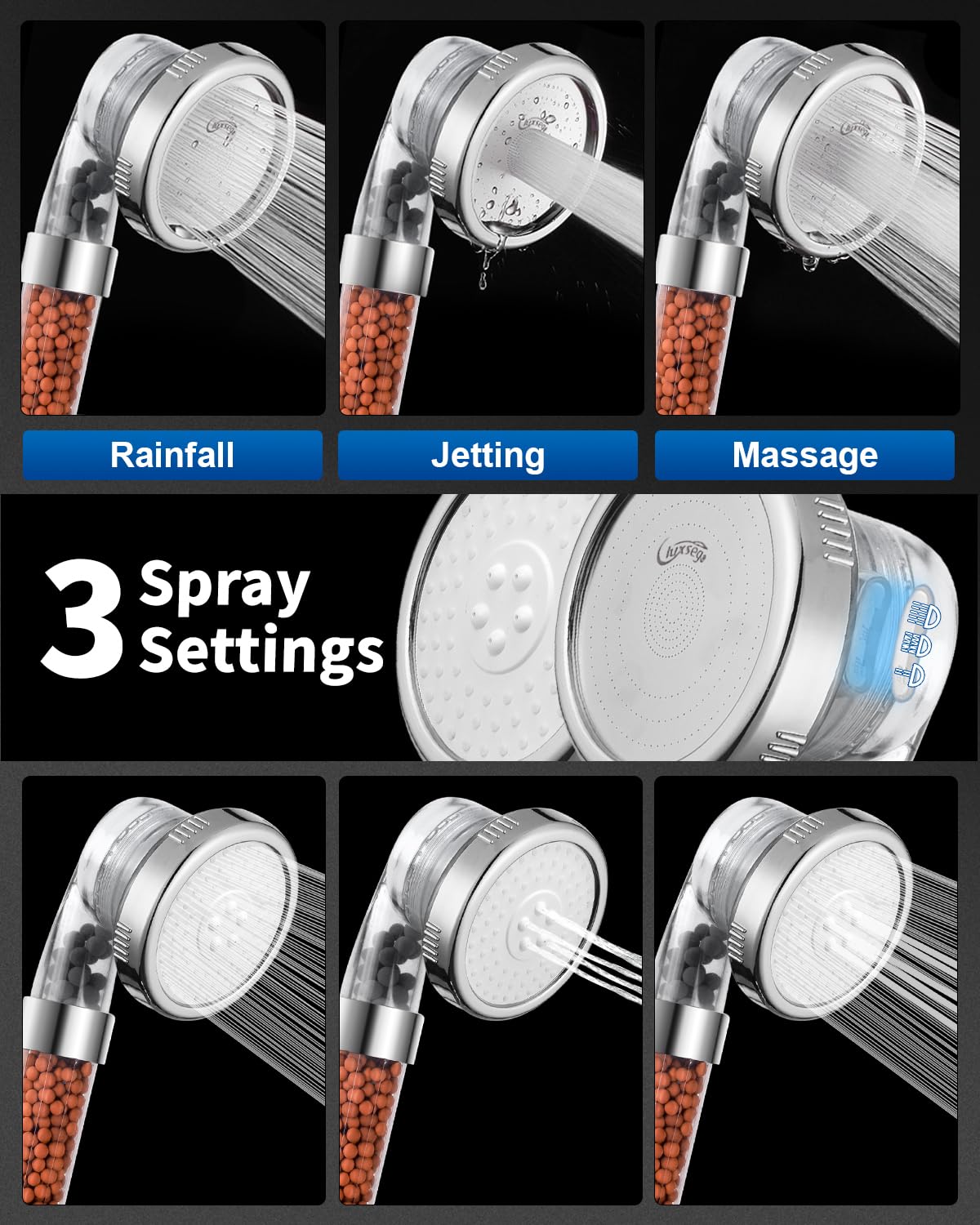 Luxsego filtered shower head in rain spray mode for full-coverage shower