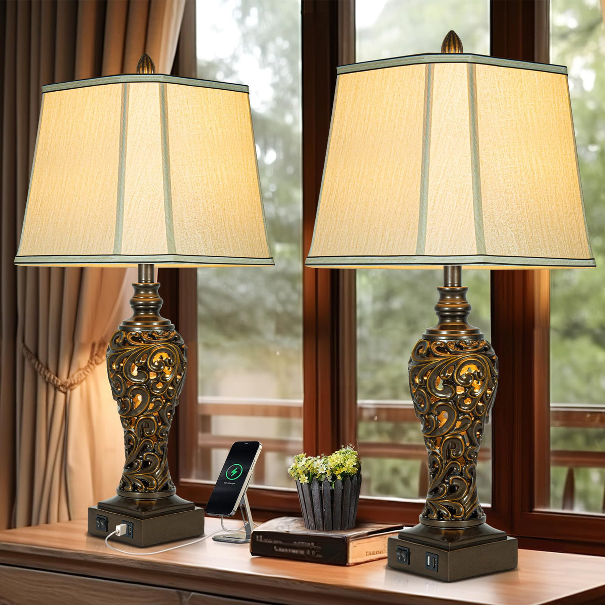 LuxSight Collection 28-5 inch table lamps set with faux silk shades for bedside ambiance.
