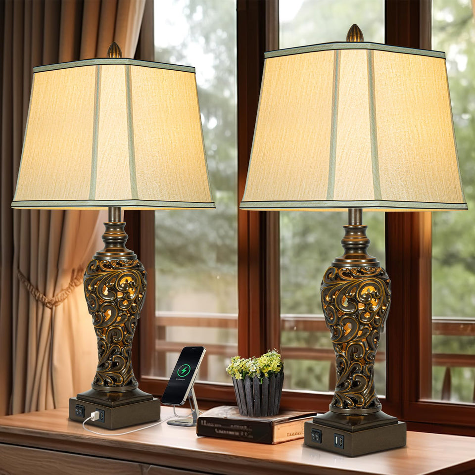 LuxSight Collection 28-5 inch table lamps set with faux silk shades for bedside ambiance.